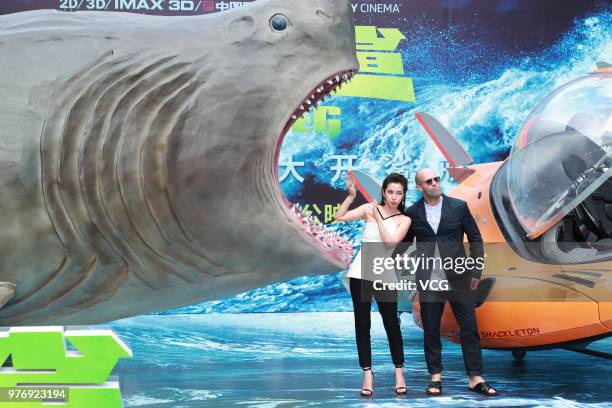 English actor Jason Statham and Chinese actress Li Bingbing attend the press conference of film 'The Meg' during the 21st Shanghai International Film...