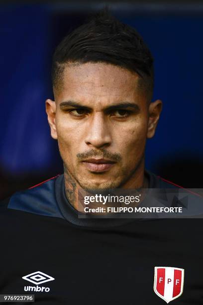 Peru's forward Paolo Guerrero stands on the pitch before the Russia 2018 World Cup Group C football match between Peru and Denmark at the Mordovia...
