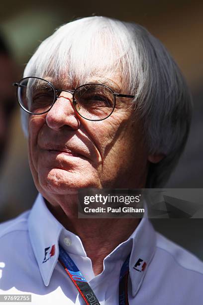 Supremo Bernie Ecclestone walks in the paddock before the Bahrain Formula One Grand Prix at the Bahrain International Circuit on March 14, 2010 in...
