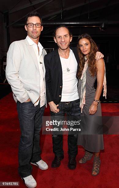 Jeffrey Donovan, Custo Dalmau and Gabrielle Anwar backstage at the Custo Barcelona "Hairy Metal" Fall/Winter 2010/11 Collection during FASHIONmiami...