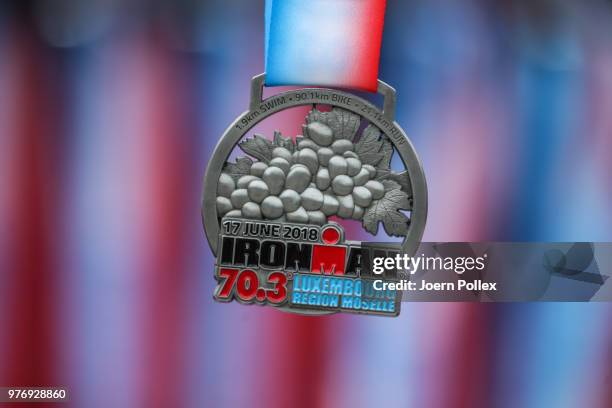 Finisher medals seen after the IRONMAN 70.3 Luxembourg-Region Moselle race on June 17, 2018 in Luxembourg, Luxembourg.