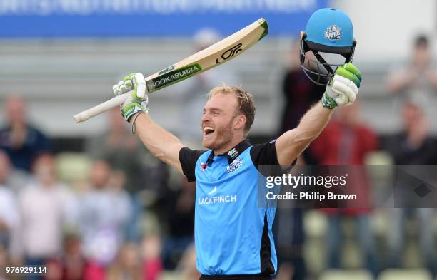 Ben Cox of Worcestershire Rapids celebrates reaching his century during the Royal London One-Day Cup Semi-Final match between Worcestershire Rapids...