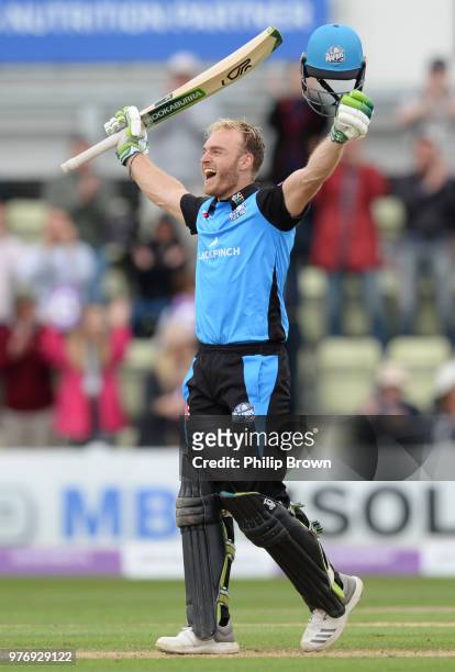 Ben Cox of Worcestershire Rapids celebrates reaching his century during the Royal London One-Day Cup Semi-Final match between Worcestershire Rapids...