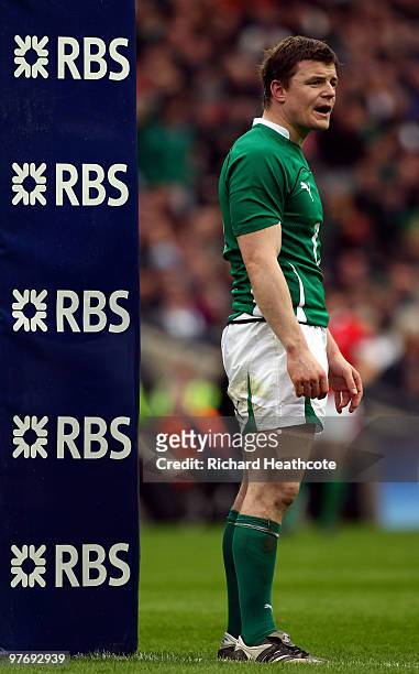 Ireland Captain Brian O'Driscoll in action during the RBS Six Nations match between Ireland and Wales at Croke Park Stadium on March 13, 2010 in...