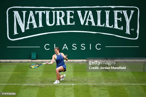 Katy Dunne of Great Britain in action during Day Two of the Nature Valley Classic at Edgbaston Priory Club on June 17, 2018 in Birmingham, United...