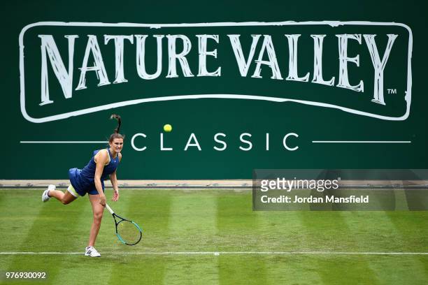 Katy Dunne of Great Britain in action during Day Two of the Nature Valley Classic at Edgbaston Priory Club on June 17, 2018 in Birmingham, United...