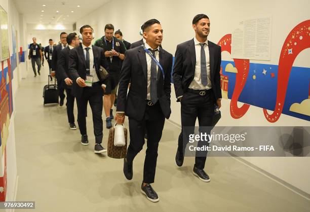Javier Aquino of Mexico and Carlos Vela of Mexico arrive at the stadium prior to the 2018 FIFA World Cup Russia group F match between Germany and...