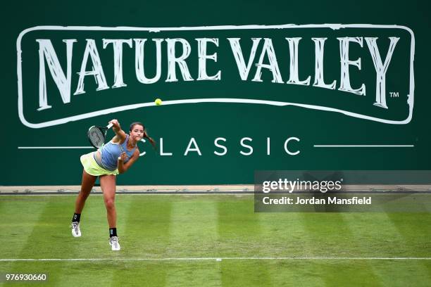 Jodie Burrage of Great Britain in action during Day Two of the Nature Valley Classic at Edgbaston Priory Club on June 17, 2018 in Birmingham, United...