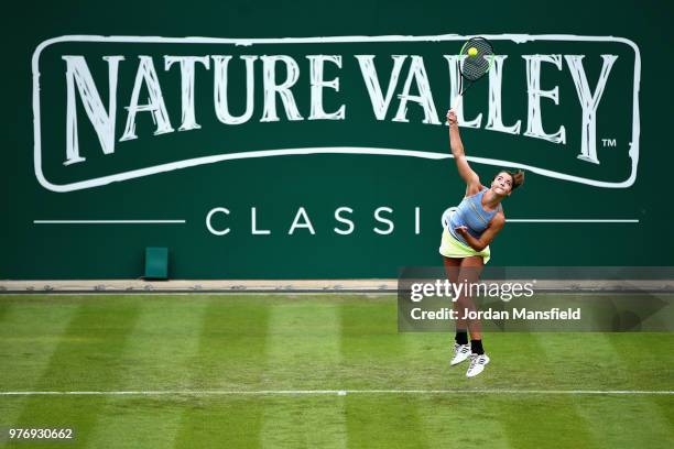 Jodie Burrage of Great Britain in action during Day Two of the Nature Valley Classic at Edgbaston Priory Club on June 17, 2018 in Birmingham, United...