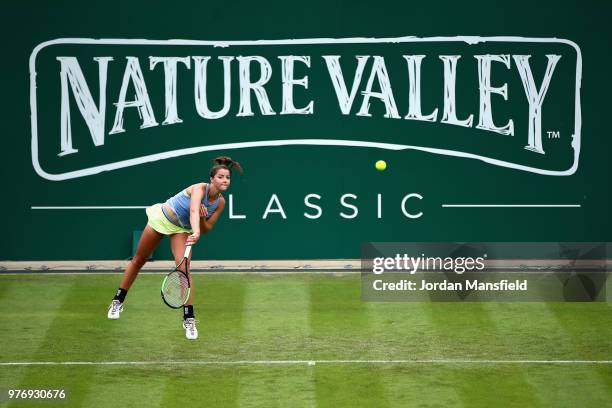 Jodie Burrage of Great Britain in action during Day Two of the Nature Valley Classic at Edgbaston Priory Club on June 17, 2018 in Birmingham, United...