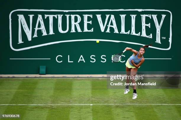 Jodie Burrage of Great Britain in action during Day Two of the Nature Valley Classic at Edgbaston Priory Club on June 17, 2018 in Birmingham, United...