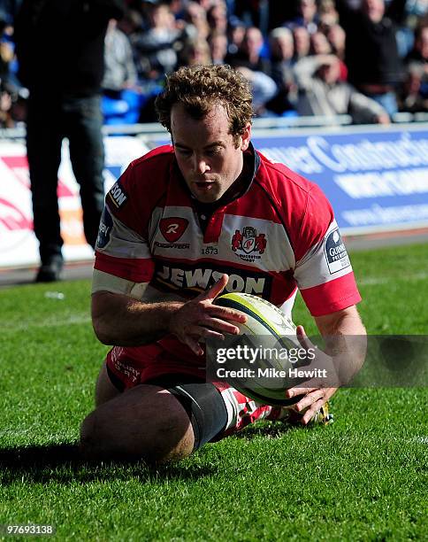 James Simpson-Daniel of Gloucester scores his third try during the LV Anglo Welsh Cup Semi Final match between Cardiff Blues and Gloucester on March...