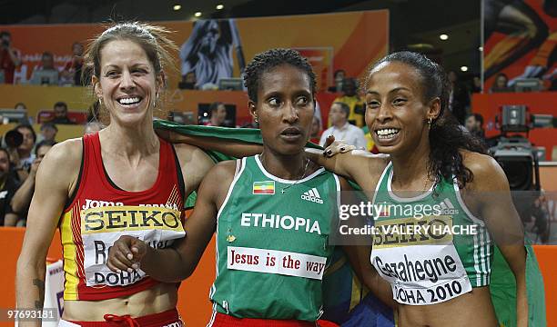 Spain's Natalia Rodriguez, Ethiopia's Gelete Burka and Ethiopia's Kalkidan Gezahegne celebrate after finishing respectiveley second, third and first...