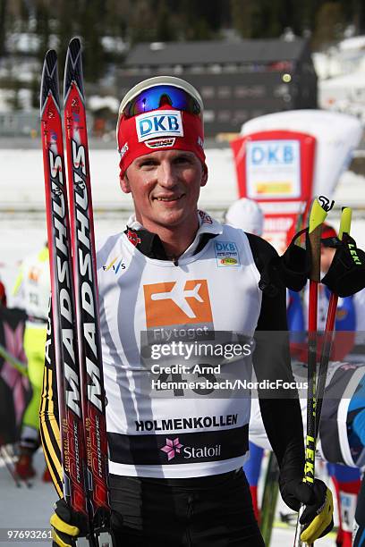 Georg Hettich of Germany shows up after the last race of his career in the Gundersen Ski Jumping HS 134/10km Cross Country event during day two of...