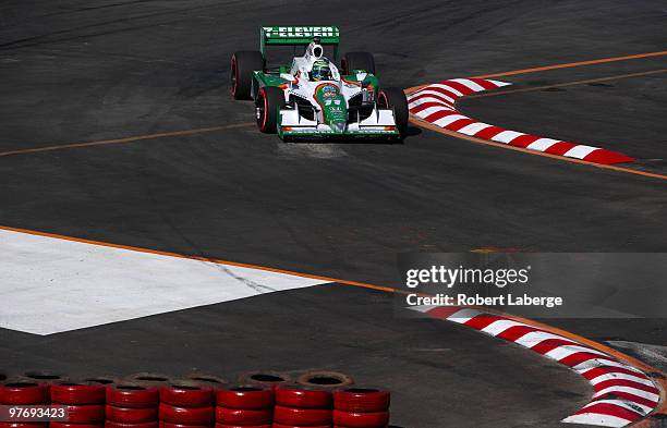 Tony Kanaan driver of the Team 7-Eleven Dallara Honda goes through the turn one chicane during qualifying for the IZOD IndyCar Series Sao Paulo Indy...