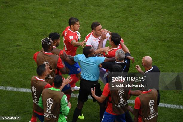 Nemanja Matic of Serbia clashes with Celso Borges of Costa Rica during the 2018 FIFA World Cup Russia group E match between Costa Rica and Serbia at...