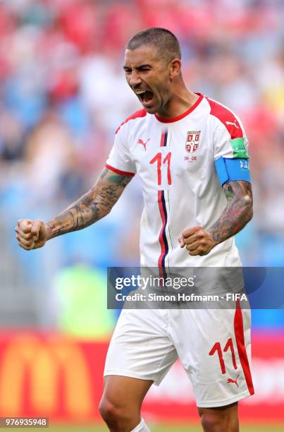 Aleksandar Kolarov of Serbia celebrates after scoring his team's first goal during the 2018 FIFA World Cup Russia group E match between Costa Rica...