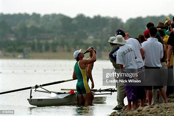 Matthew Long and James Tomkins of Australia celebrate their bronze medal during the Men's Coxless Pair Final held at the Sydney International Regatta...