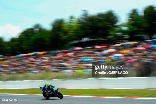 Movistar Yamaha MotoGP's Italian rider Valentino Rossi rides during the Catalunya MotoGP Grand Prix race at the Catalunya racetrack in Montmelo, near...