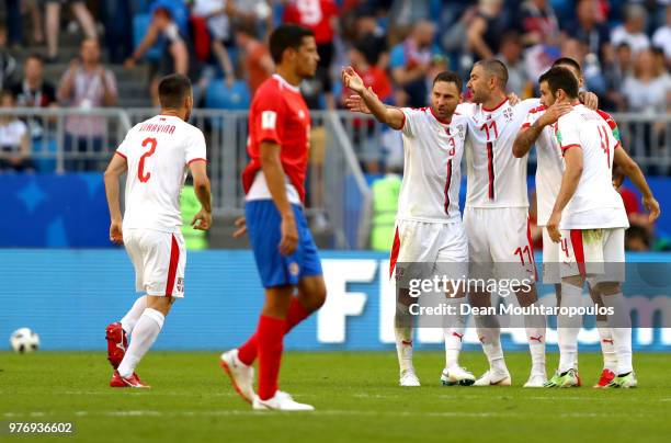 Players of Serbia celebrates victory following the 2018 FIFA World Cup Russia group E match between Costa Rica and Serbia at Samara Arena on June 17,...