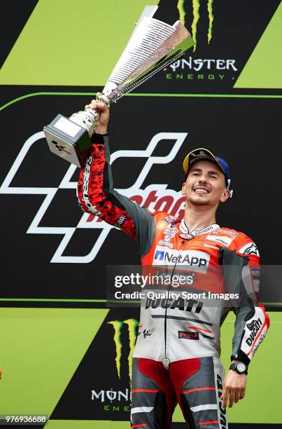 Jorge Lorenzo of Spain and Ducati Team celebrates on the podium after winning the MotoGP of Catalunya at Circuit de Catalunya on June 17, 2018 in...