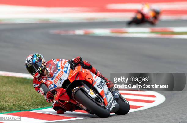 Jorge Lorenzo of Spain and Ducati Team rounds the bend during the MotoGP of Catalunya at Circuit de Catalunya on June 17, 2018 in Montmelo, Spain.