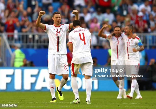 Players of Serbia celebrates victory following the 2018 FIFA World Cup Russia group E match between Costa Rica and Serbia at Samara Arena on June 17,...