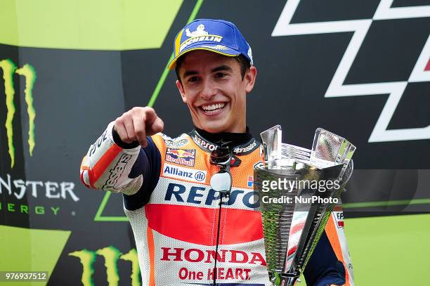 The Spanish rider Marc Marquez of Repsol Honda Team, celebrating his victory during the Catalunya Motorcycle Grand Prix at Circuit de Catalunya on...