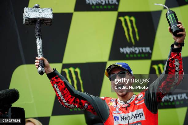 The Spanish rider Jorge Lorenzo of Ducati Team, celebrating his victory during the Catalunya Motorcycle Grand Prix at Circuit de Catalunya on June...