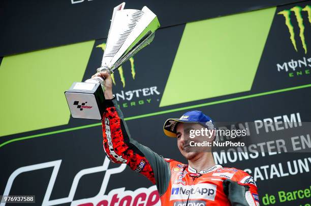 The Spanish rider Jorge Lorenzo of Ducati Team, celebrating his victory during the Catalunya Motorcycle Grand Prix at Circuit de Catalunya on June...