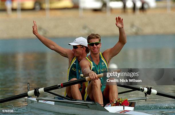 Matthew Long and James Tomkins of Australia celebrate their bronze medal during the Men's Coxless Pair Final held at the Sydney International Regatta...