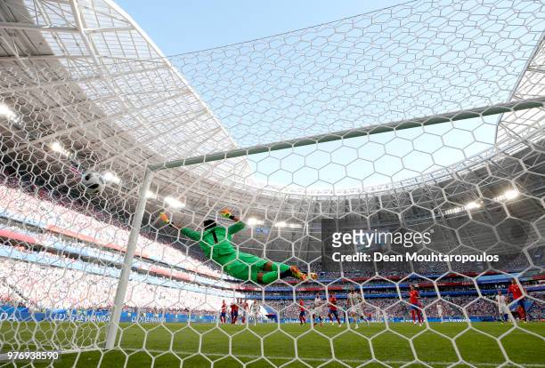 Aleksandar Kolarov of Serbia scores his team's first goal past Keylor Navas of Costa Rica from a free kick during the 2018 FIFA World Cup Russia...