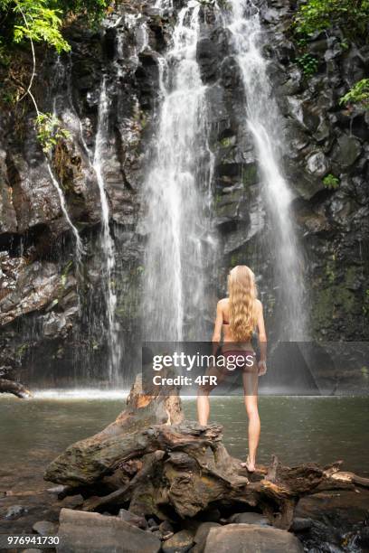 femme explorant les ellinjaa falls, millaa millaa, queensland, australie - chutes millaa millaa photos et images de collection