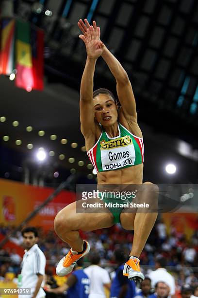 Naide Gomes of Portugal competes in the Womens Long Jump Final during Day 3 of the IAAF World Indoor Championships at the Aspire Dome on March 14,...