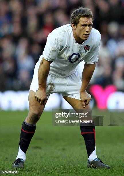 Jonny Wilkinson of England looks on during the RBS Six Nations Championship match between Scotland and England at Murrayfield Stadium on March 13,...