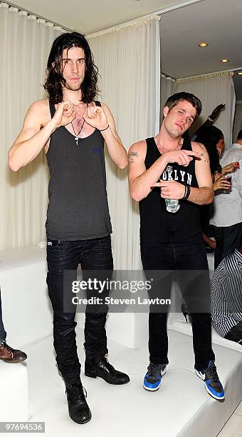 Singers Nathaniel Motte and Sean Foreman of 3OH!3 pose at the Pure Nightclub at Caesars Palace on March 13, 2010 in Las Vegas, Nevada.