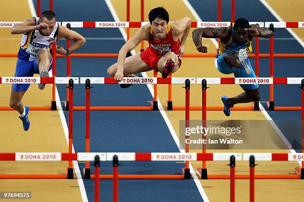 Xiang Liu of China competes in the Mens 60m Hurdles Semi Final during Day 3 of the IAAF World Indoor Championships at the Aspire Dome on March 14,...