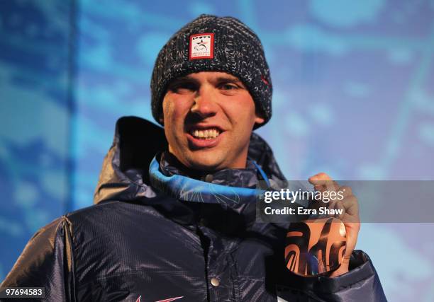 Andy Soule of USA poses with his bronze medail during the medal ceremony for the Men's 2.4km Sitting Biathlon on Day 2 of the 2010 Vancouver Winter...