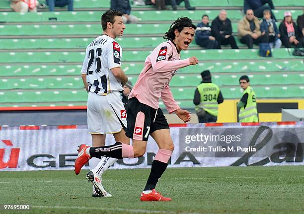 Edinson Cavani of Palermo celebrates his goal during the Serie A match between Udinese Calcio and US Citta di Palermo at Stadio Friuli on March 14,...