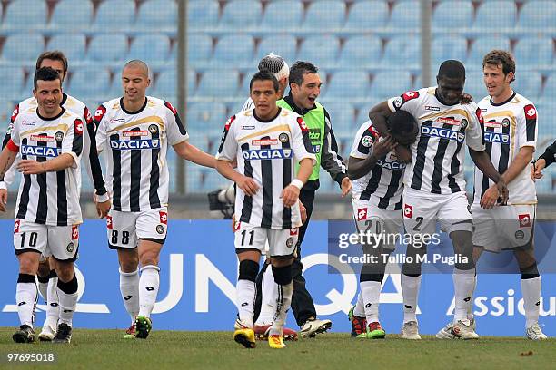 Kwadwo Asamoah of Udinese celebrates his goal with his team-mates during the Serie A match between Udinese Calcio and US Citta di Palermo at Stadio...