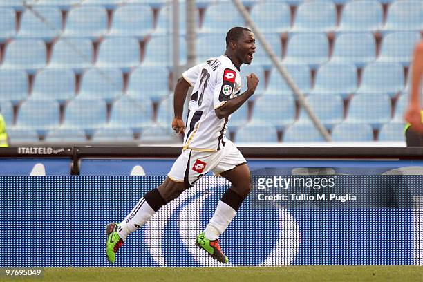 Kwadwo Asamoah of Udinese celebrates his goal during the Serie A match between Udinese Calcio and US Citta di Palermo at Stadio Friuli on March 14,...