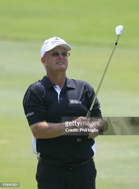 Sandy Lyle of Scotland in action during the final round of the Chang Thailand Senior Masters presented by ISPS played at the Royal Gems Golf and...