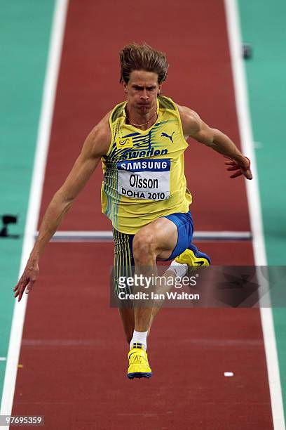 Christian Olsson of Sweden competes in the Mens Triple Jump Final during Day 3 of the IAAF World Indoor Championships at the Aspire Dome on March 14,...