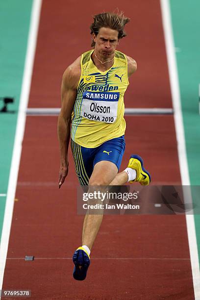 Christian Olsson of Sweden competes in the Mens Triple Jump Final during Day 3 of the IAAF World Indoor Championships at the Aspire Dome on March 14,...