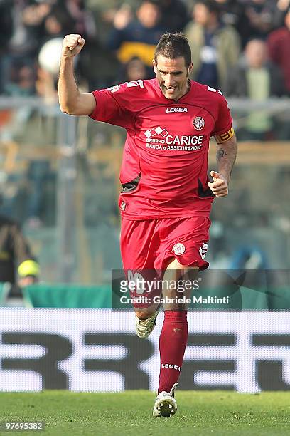Cristiano Lucarelli of AS Livorno Calcio celebrates the goal during the Serie A match between AS Livorno Calcio and AS Roma at Stadio Armando Picchi...