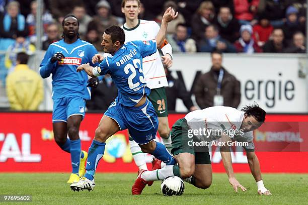 Sejad Salihovic of Hoffenheim is challenged by Claudio Pizarro of Bremen during the Bundesliga match between 1899 Hoffenheim and Werder Bremen at the...