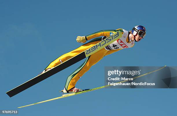 Gregor Schlierenzauer of Austria competes during the Ski Jumping HS 134 event in the FIS Ski Jumping World Cup on March 14, 2010 in Oslo, Norway.