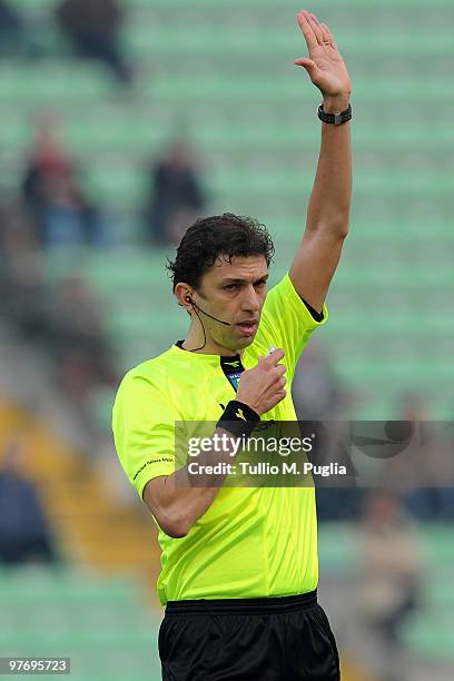 The referee Paolo Tagliavento gestures during the Serie A match between Udinese Calcio and US Citta di Palermo at Stadio Friuli on March 14, 2010 in...