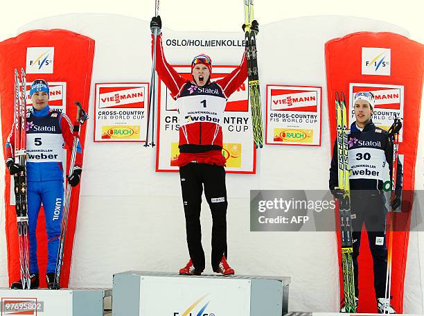 Second placed Alexej Petukhov of Russia, winner Anders Gloersen of Norway, and third placed Marcus Hellner of Sweden pose on the podium after the...