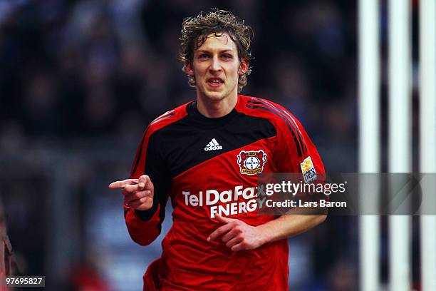 Stefan Kiessling of LEverkusen celebrates after scoring his teams first goal during the Bundesliga match between Bayer Leverkusen and Hamburger SV at...